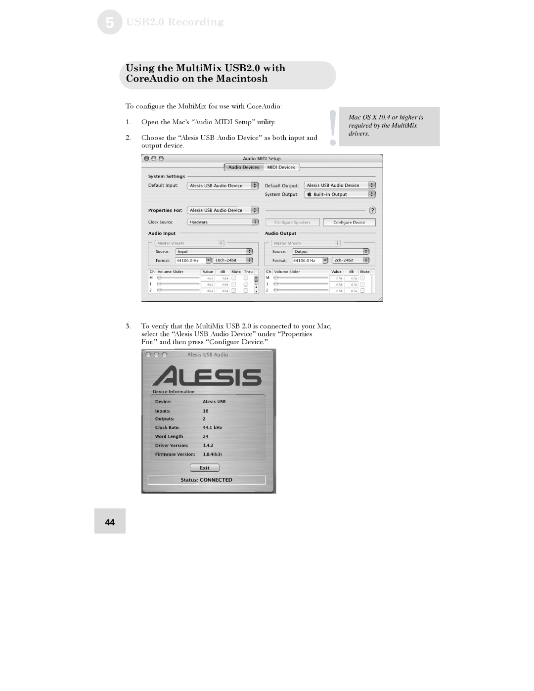 Alesis 16 manual Using the MultiMix USB2.0 with CoreAudio on the Macintosh 