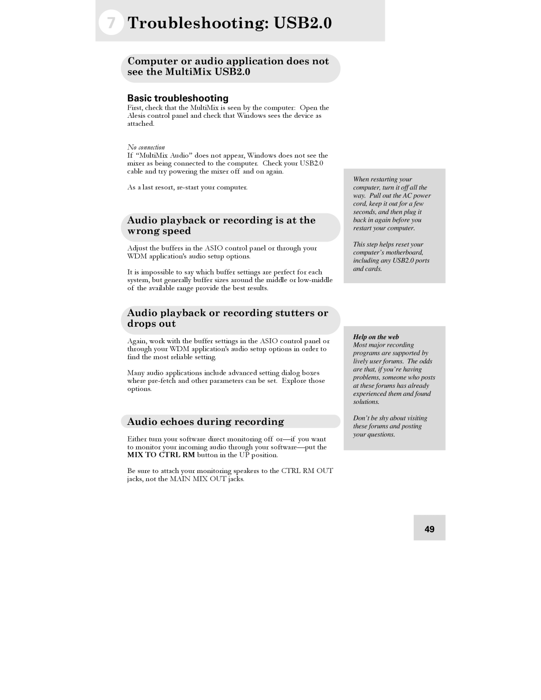 Alesis 16 manual Troubleshooting USB2.0, Basic troubleshooting, Audio playback or recording is at the wrong speed 