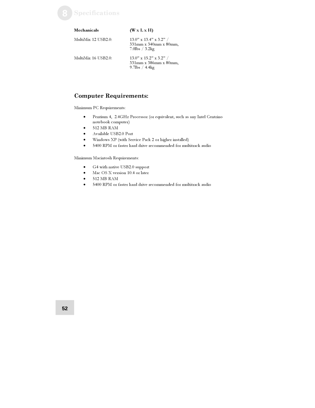 Alesis 16 manual Specifications, Computer Requirements 