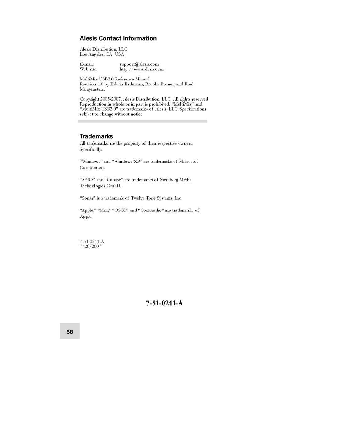 Alesis 16 manual Alesis Contact Information, Trademarks 