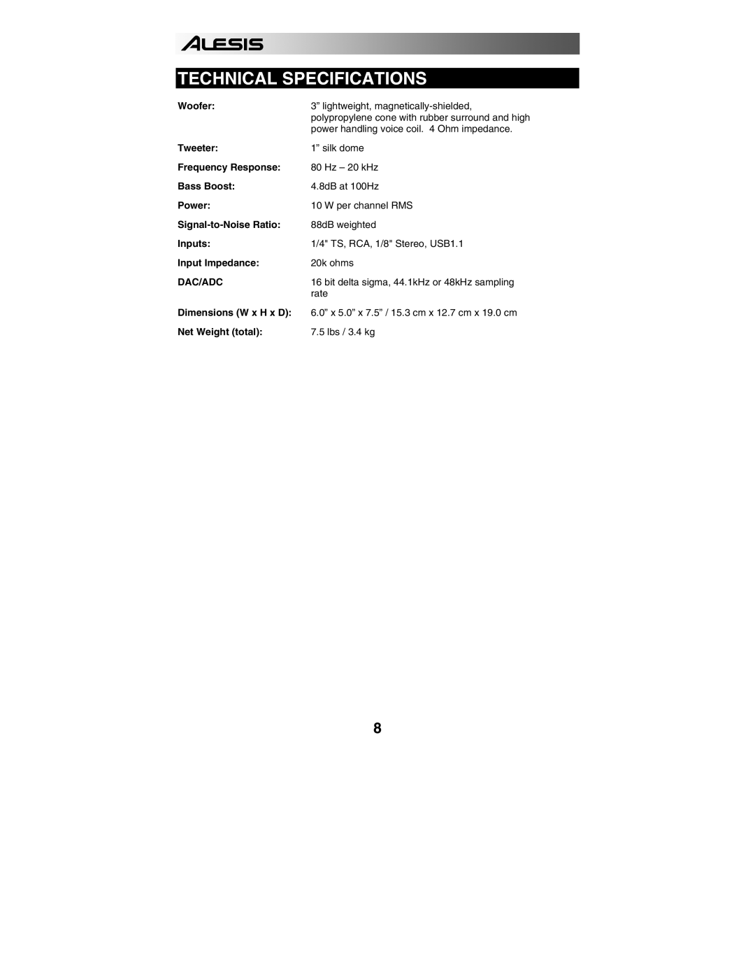 Alesis 320USB quick start Technical Specifications, Dac/Adc 