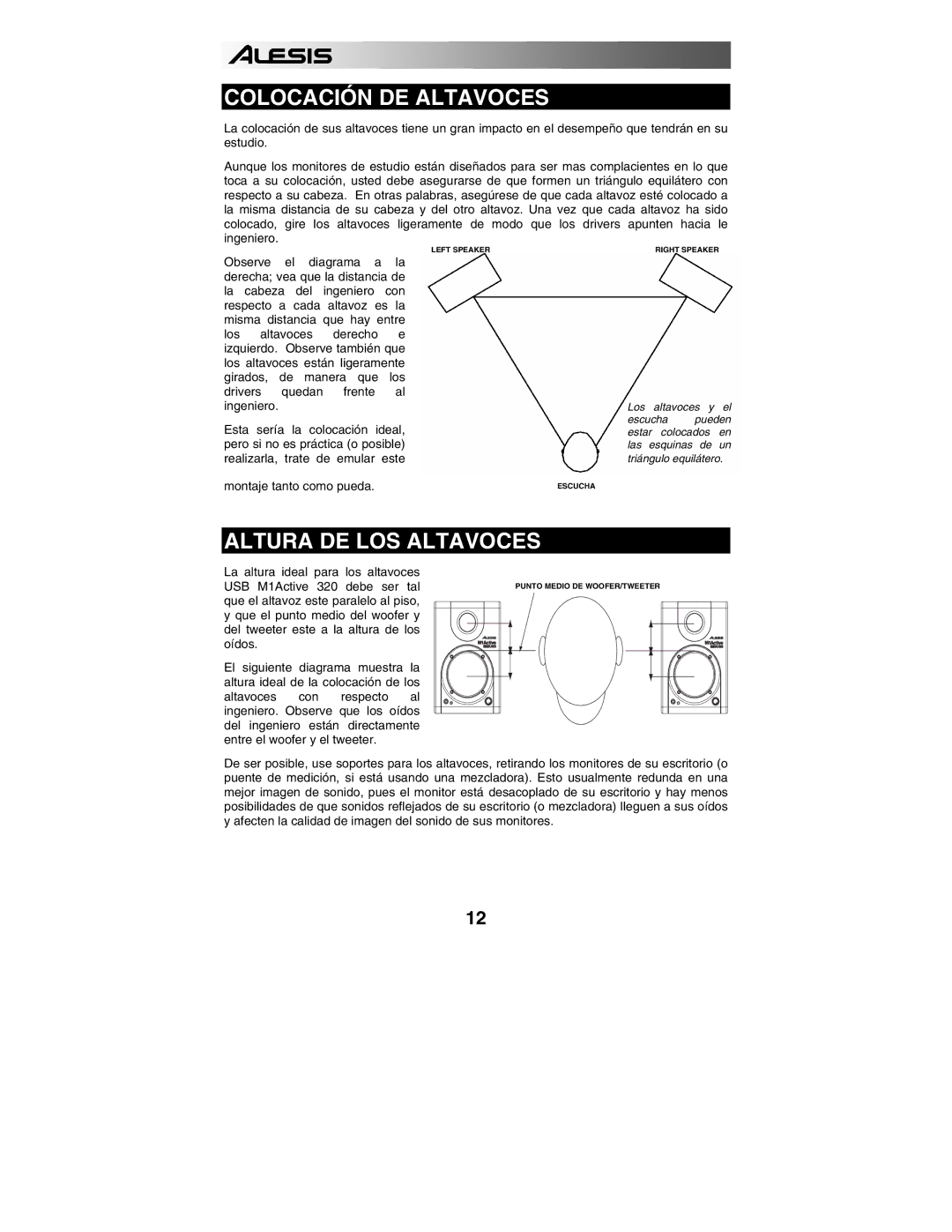 Alesis 320USB quick start Colocación DE Altavoces, Altura DE LOS Altavoces 