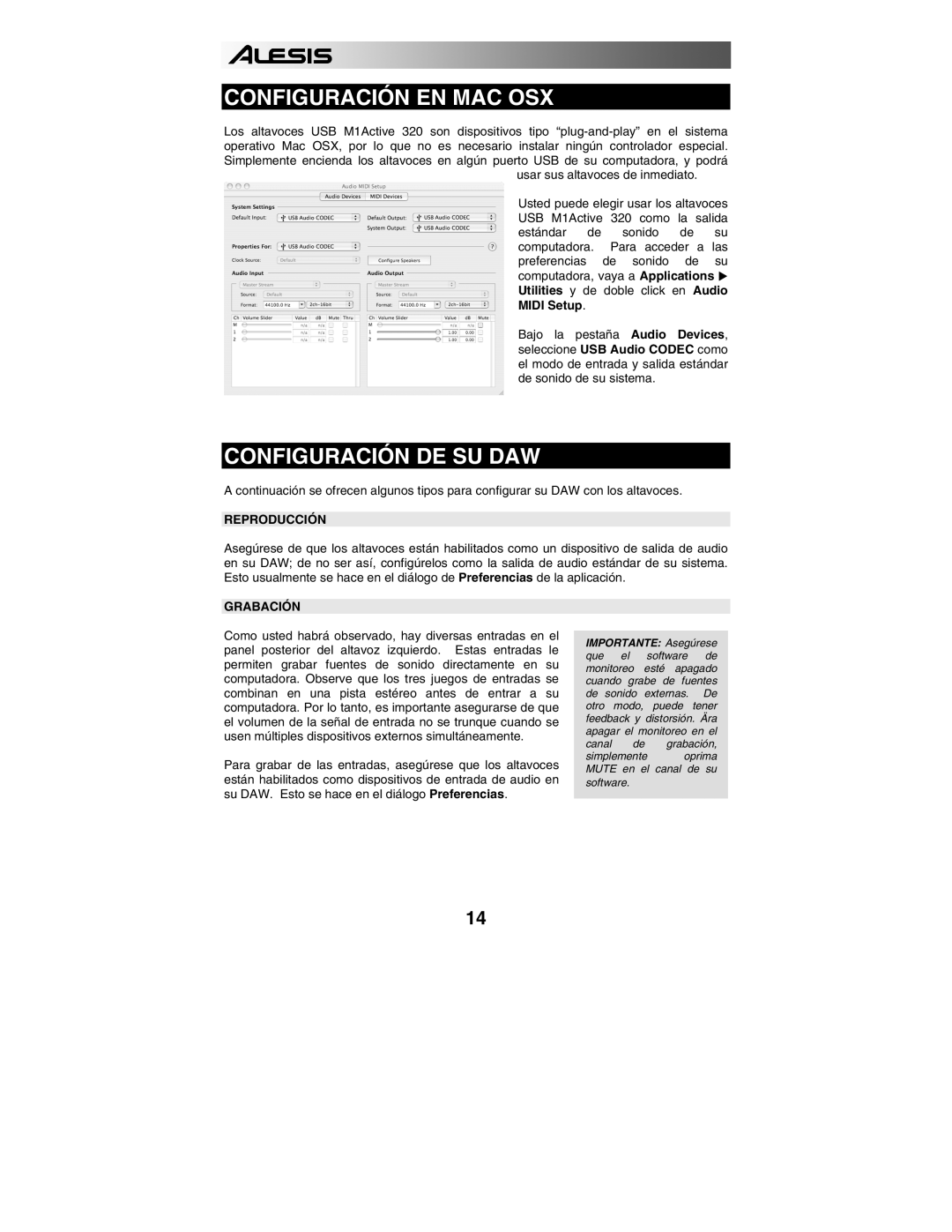 Alesis 320USB quick start Configuración EN MAC OSX, Configuración DE SU DAW, Reproducción, Grabación 