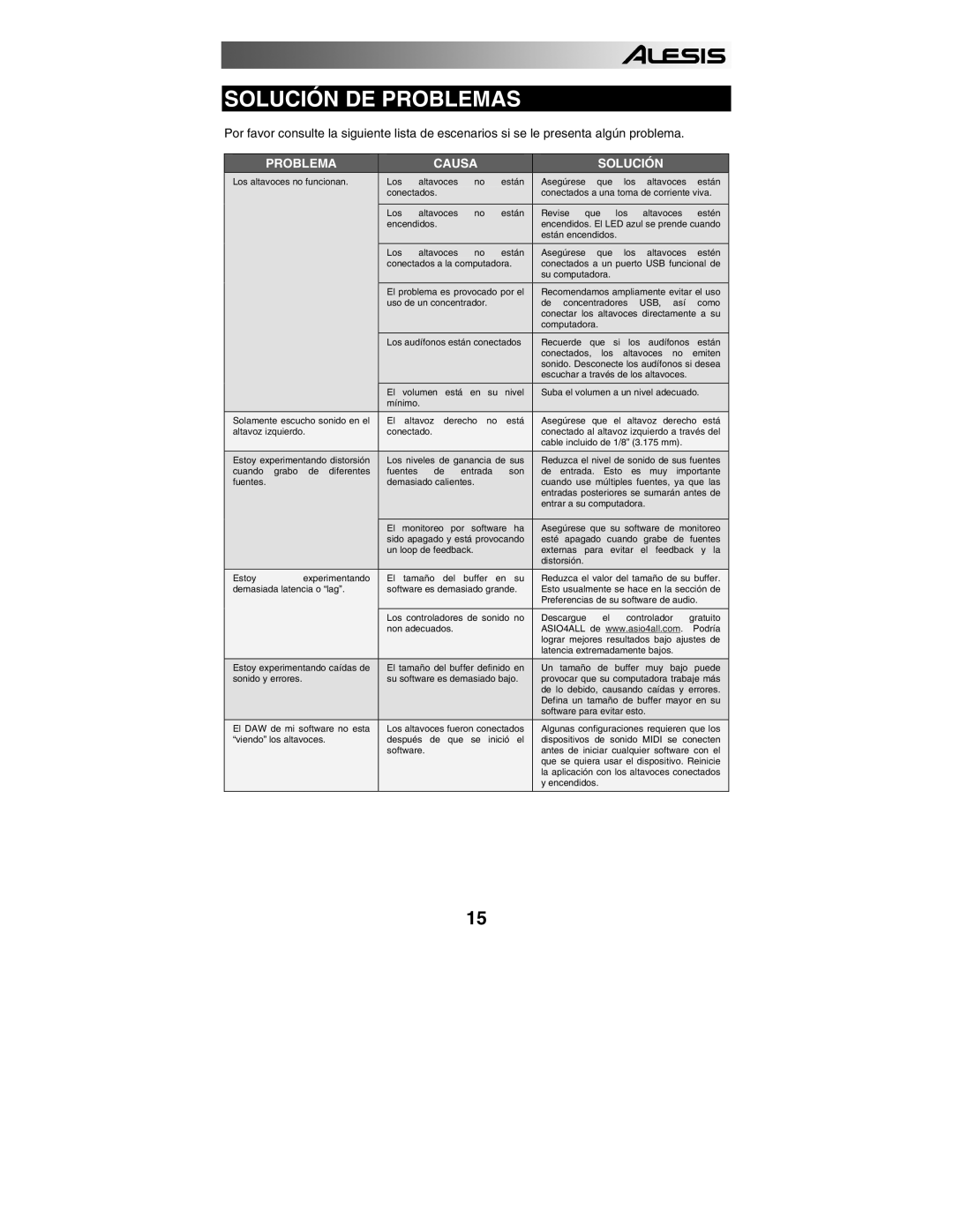 Alesis 320USB quick start Solución DE Problemas, Problema Causa Solución 