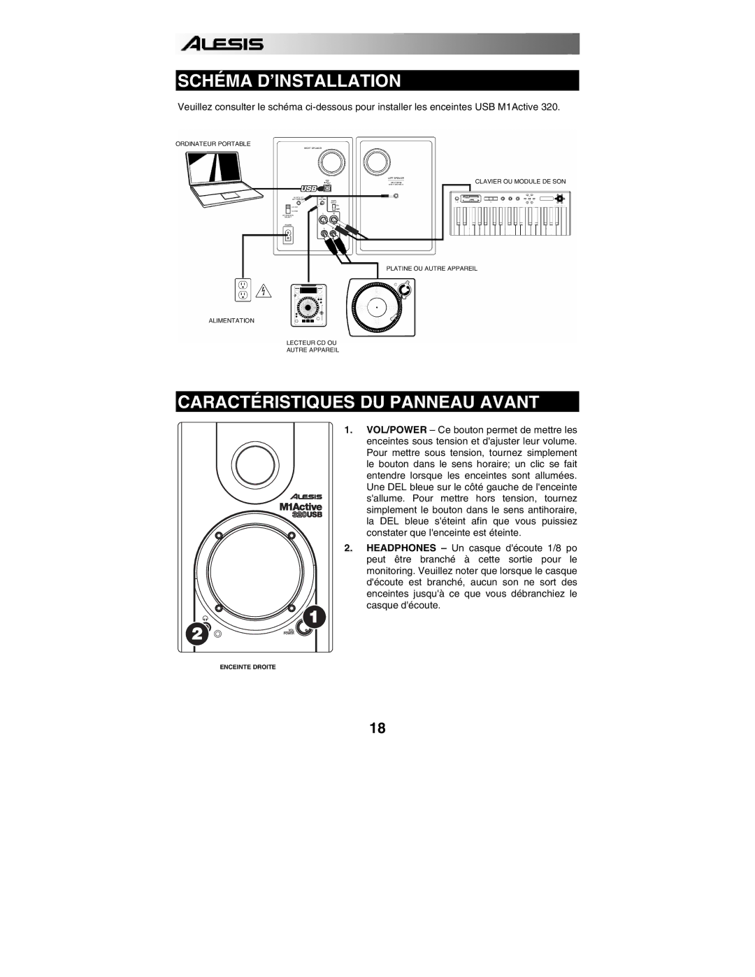Alesis 320USB quick start Schéma D’INSTALLATION, Caractéristiques DU Panneau Avant 