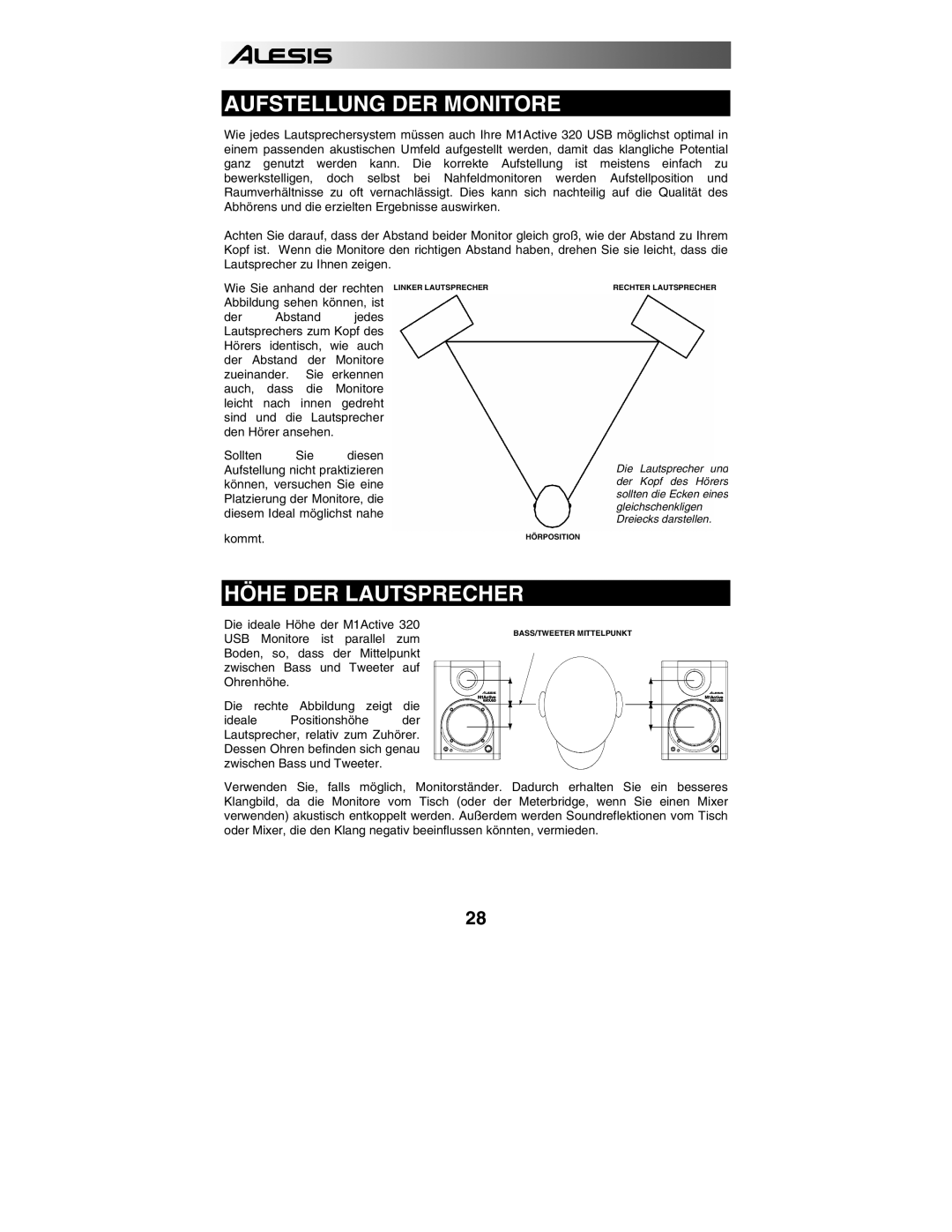 Alesis 320USB quick start Aufstellung DER Monitore, Höhe DER Lautsprecher 