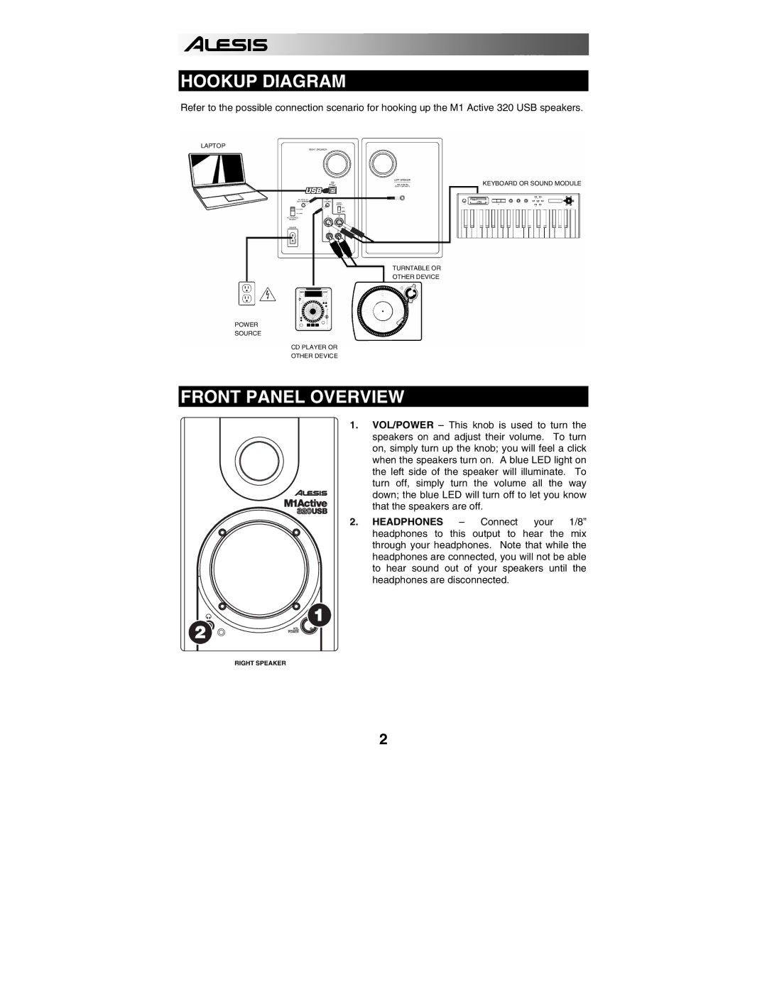 Alesis 320USB quick start Hookup Diagram, Front Panel Overview 