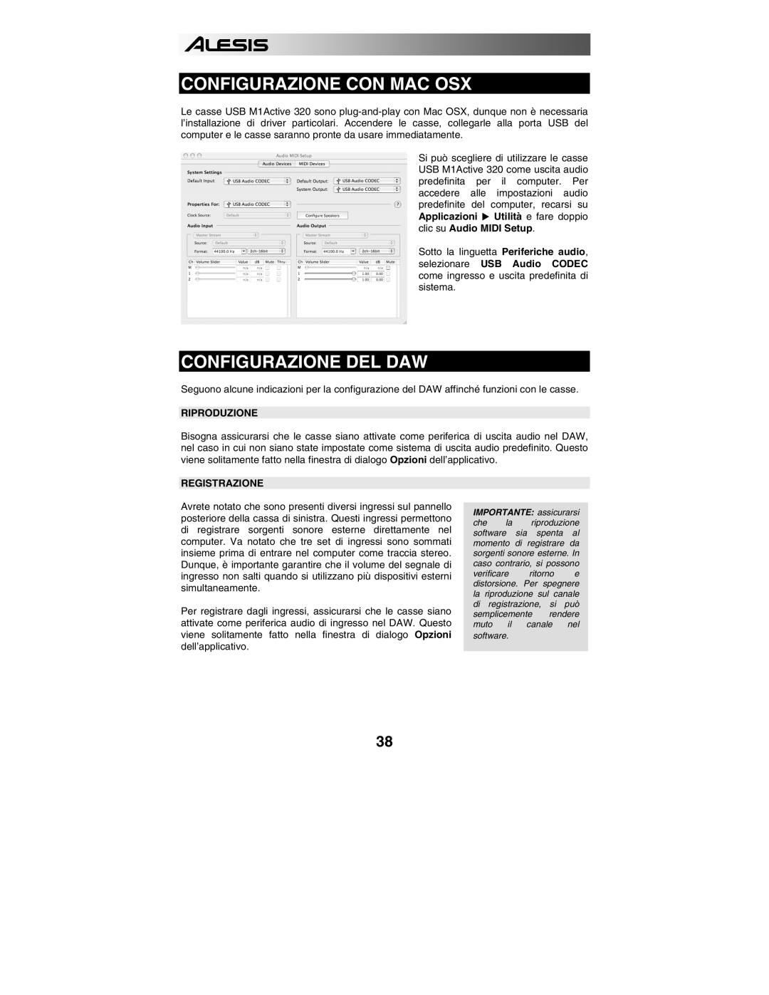 Alesis 320USB quick start Configurazione CON MAC OSX, Configurazione DEL DAW, Riproduzione, Registrazione 