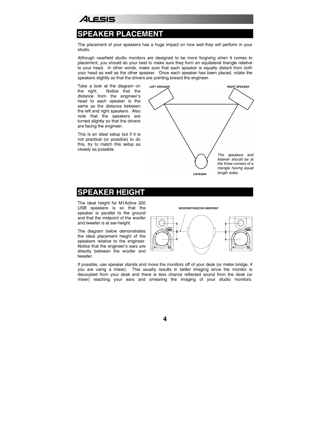 Alesis 320USB quick start Speaker Placement, Speaker Height 