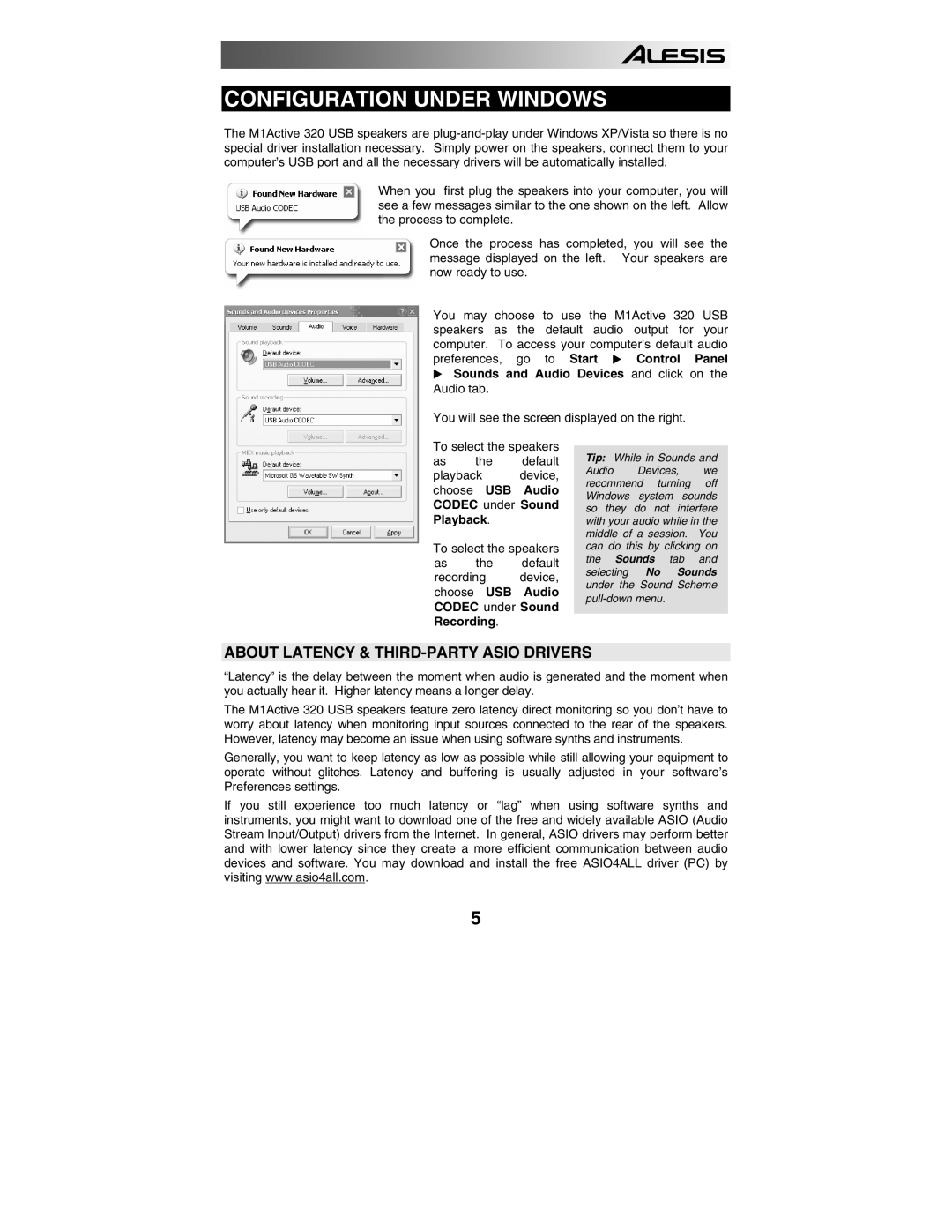 Alesis 320USB quick start Configuration Under Windows, About Latency & THIRD-PARTY Asio Drivers 