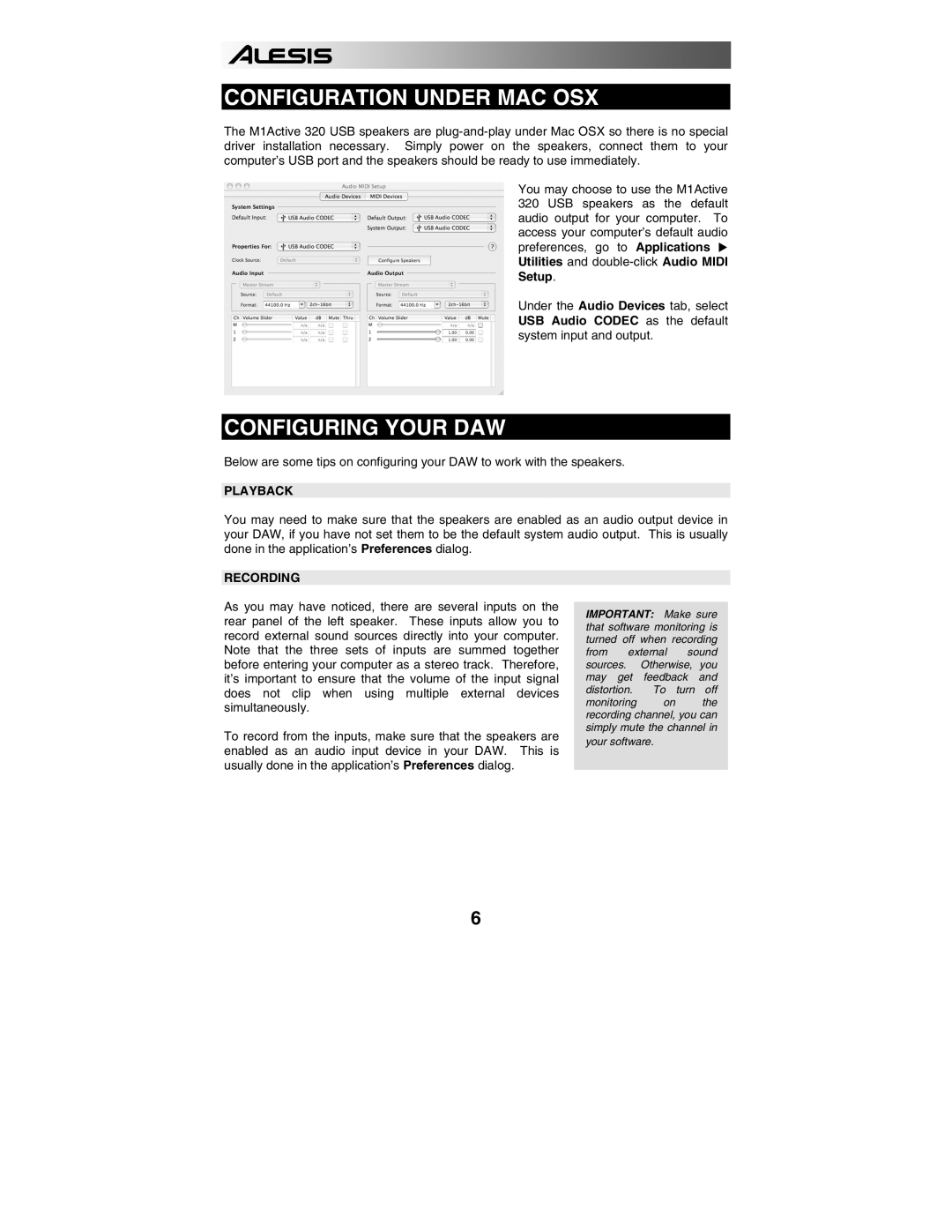 Alesis 320USB quick start Configuration Under MAC OSX, Configuring Your DAW, Playback, Recording 