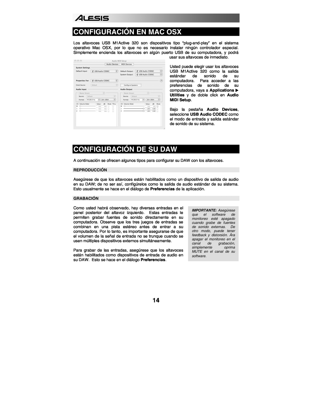 Alesis 320USB quick start Configuración En Mac Osx, Configuración De Su Daw, Reproducción, Grabación 