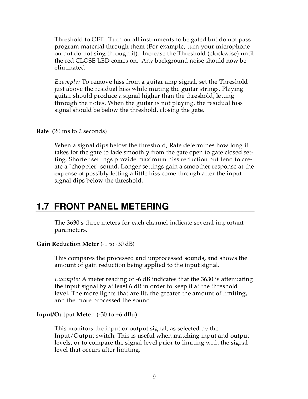 Alesis 3630 manual Front Panel Metering, Gain Reduction Meter -1 to -30 dB, Input/Output Meter -30 to +6 dBu 