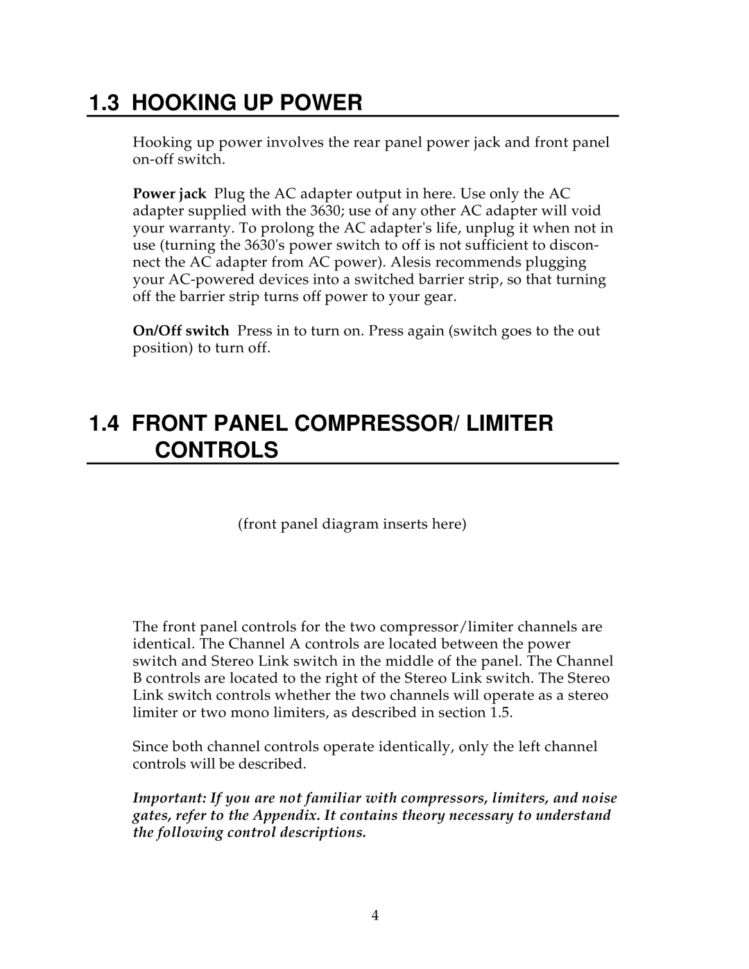Alesis 3630 manual Hooking UP Power, Front Panel COMPRESSOR/ Limiter Controls 