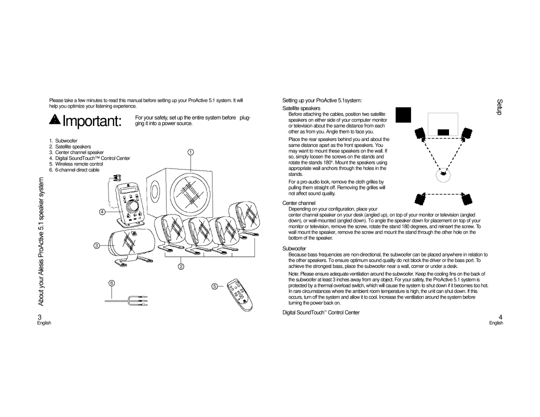 Alesis manual Setting up your ProActive 5.1system Satellite speakers, Center channel, Subwoofer 