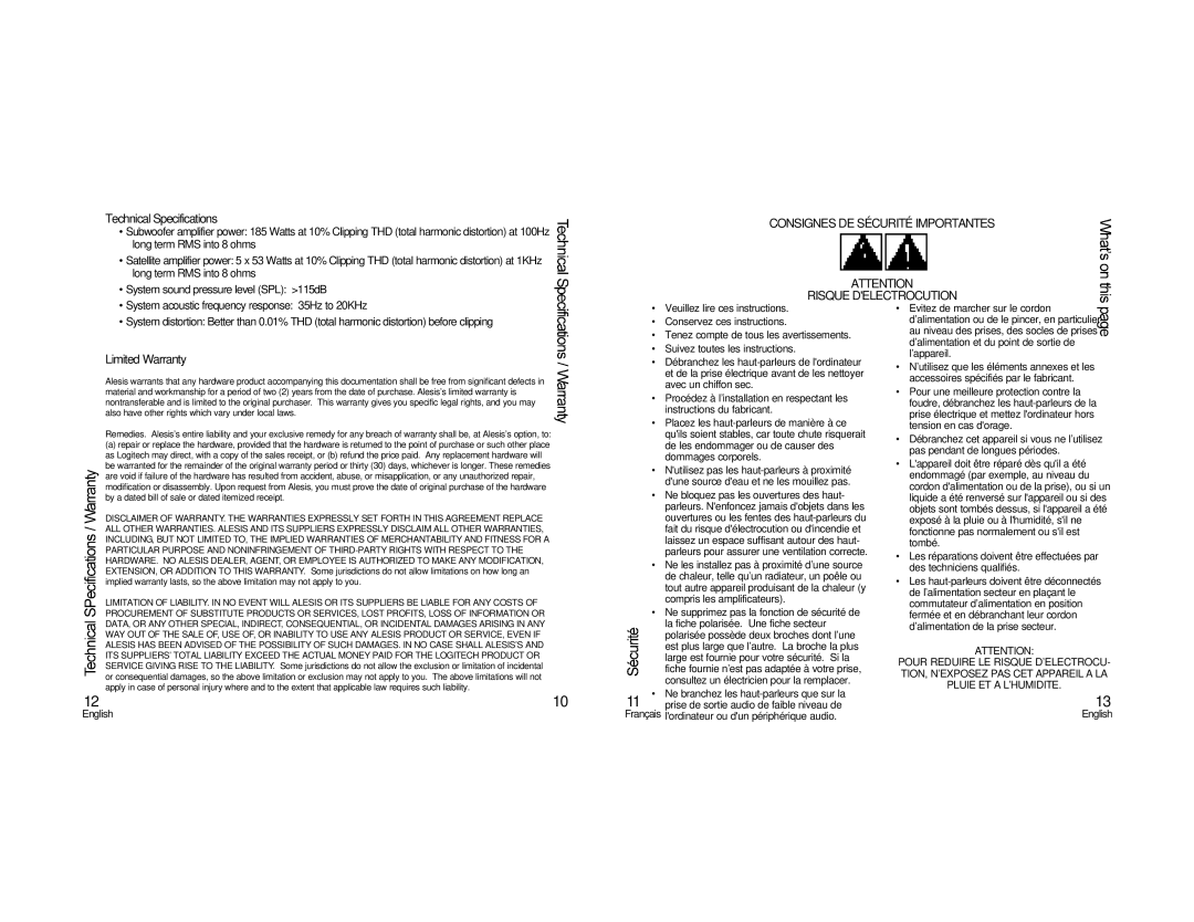 Alesis 5.1 Technical Specifications, Limited Warranty, Long term RMS into 8 ohms, System sound pressure level SPL 115dB 