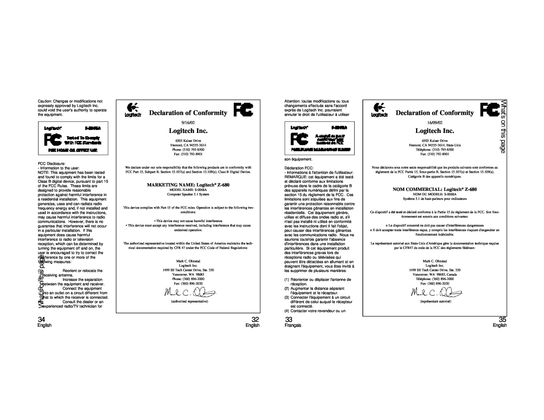 Alesis 5.1 Declaration of Conformity, Logitech Inc, MARKETING NAME Logitech Z-680, NOM COMMERCIAL Logitech Z-680, 9/16/02 