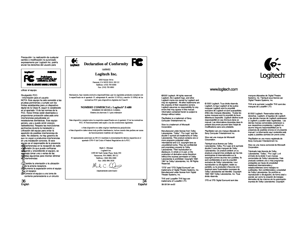 Alesis 5.1 manual Declaration of Conformity, Logitech Inc, NOMBRE COMERCIAL Logitech Z-680, 16/09/02 