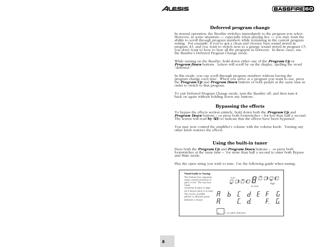 Alesis 60 quick start Deferred program change, Bypassing the effects, Using the built-in tuner 