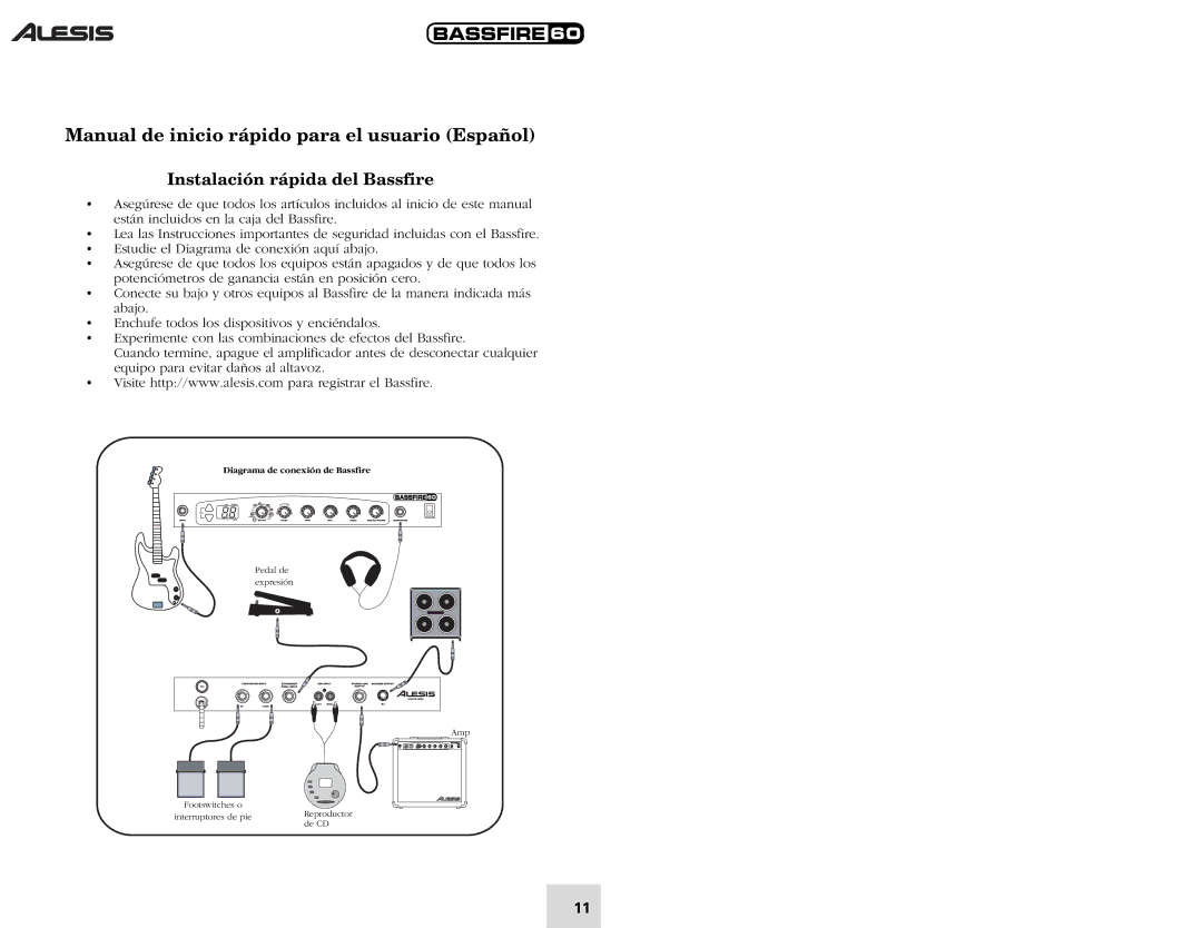 Alesis 60 quick start Manual de inicio rápido para el usuario Español, Instalación rápida del Bassfire 