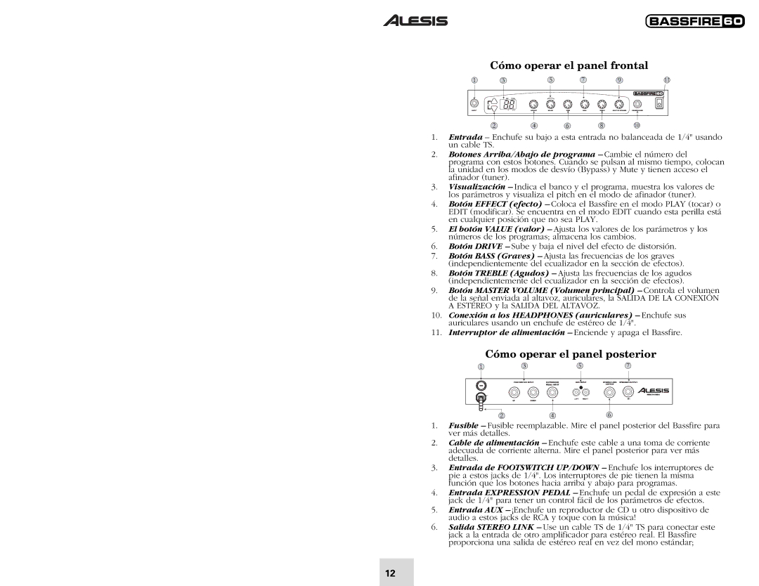 Alesis 60 quick start Cómo operar el panel frontal, Cómo operar el panel posterior 