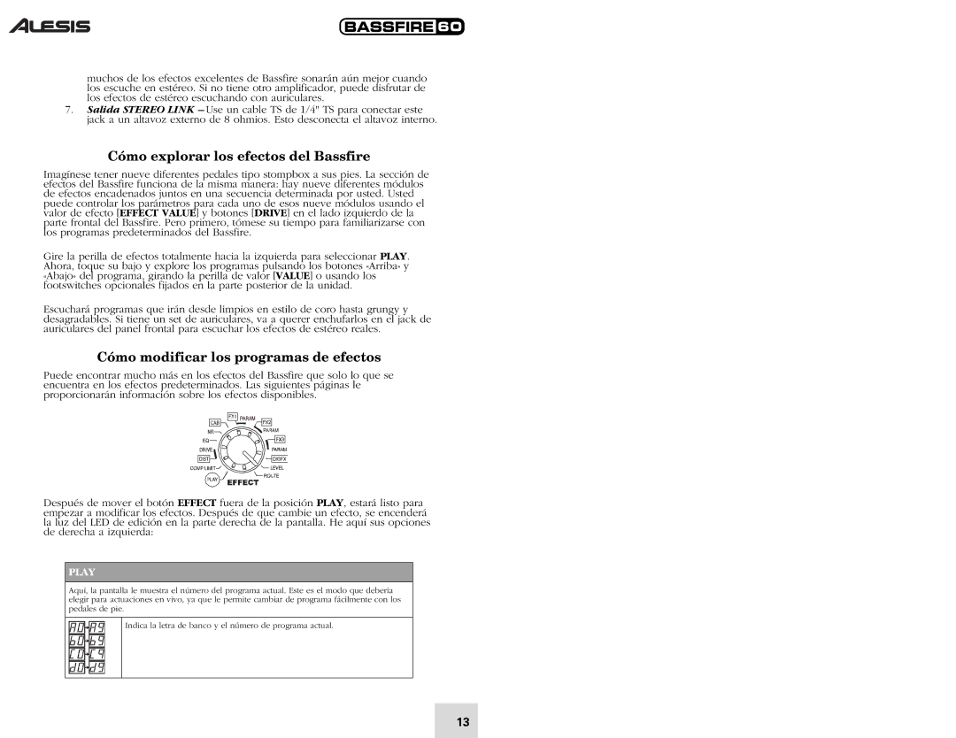Alesis 60 quick start Cómo explorar los efectos del Bassfire, Cómo modificar los programas de efectos 