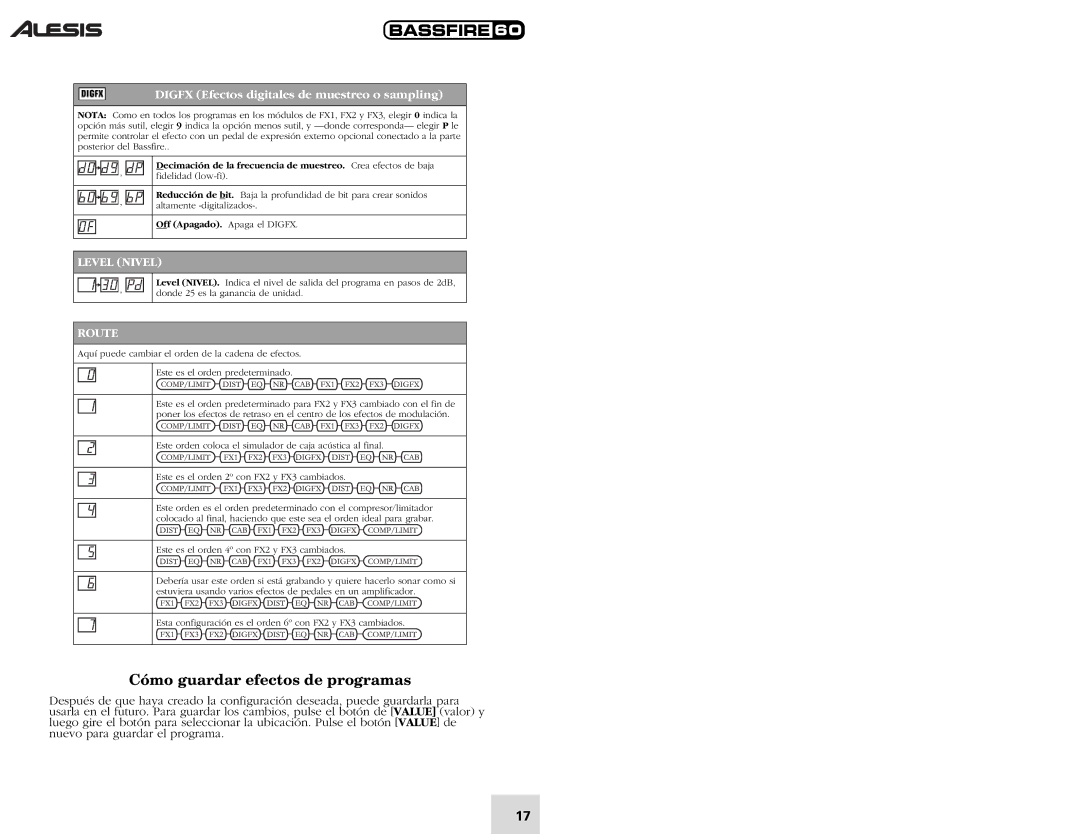 Alesis 60 quick start Cómo guardar efectos de programas, Digfx Efectos digitales de muestreo o sampling 