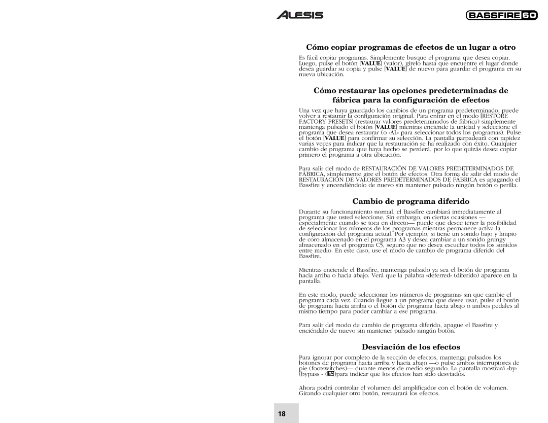 Alesis 60 Cómo copiar programas de efectos de un lugar a otro, Cambio de programa diferido, Desviación de los efectos 