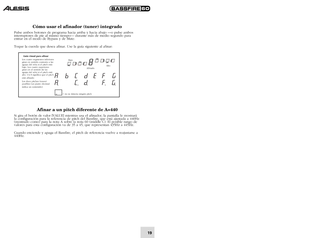 Alesis 60 quick start Cómo usar el afinador tuner integrado, Afinar a un pitch diferente de A=440 
