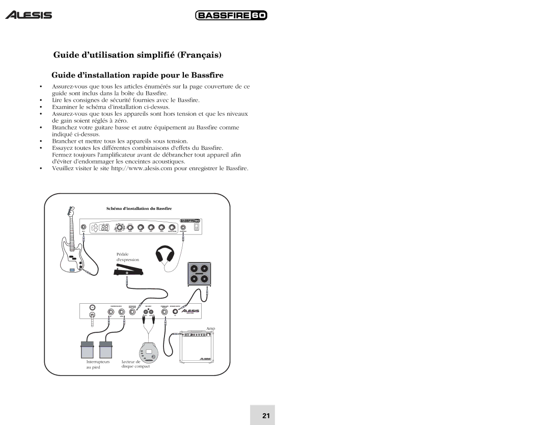 Alesis 60 quick start Guide d’utilisation simplifié Français, Guide d’installation rapide pour le Bassfire 