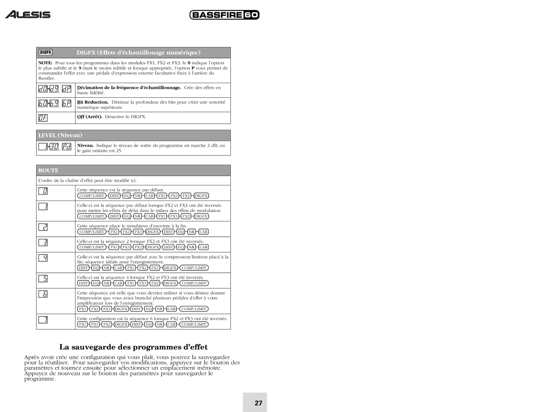 Alesis 60 quick start La sauvegarde des programmes d’effet, Digfx Effets déchantillonage numérique, Level Niveau 