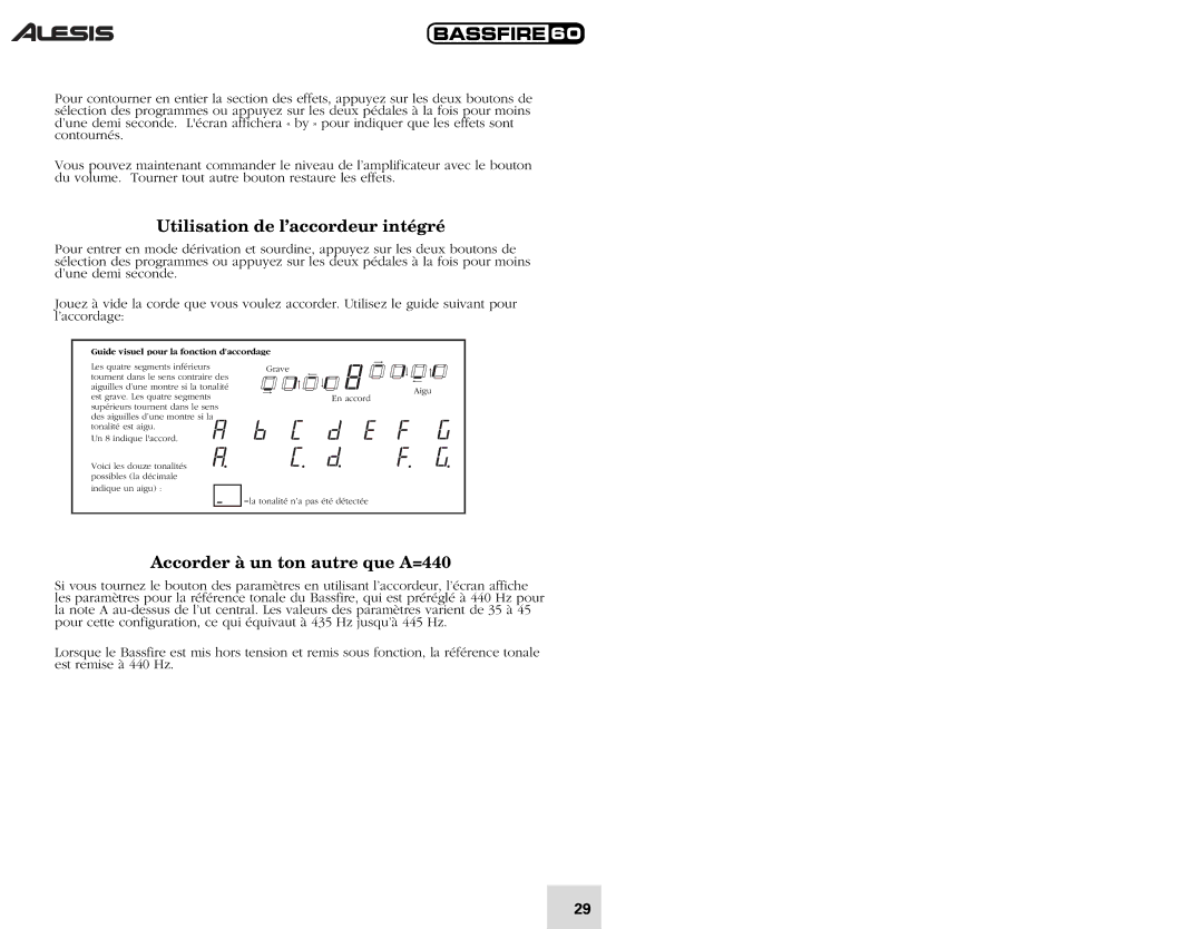 Alesis 60 quick start Utilisation de l’accordeur intégré, Accorder à un ton autre que A=440 