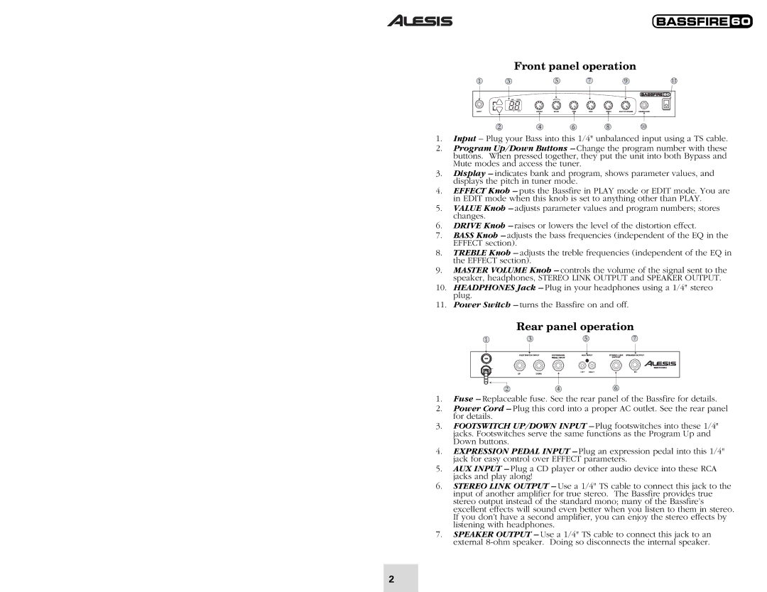 Alesis 60 quick start Front panel operation, Rear panel operation 