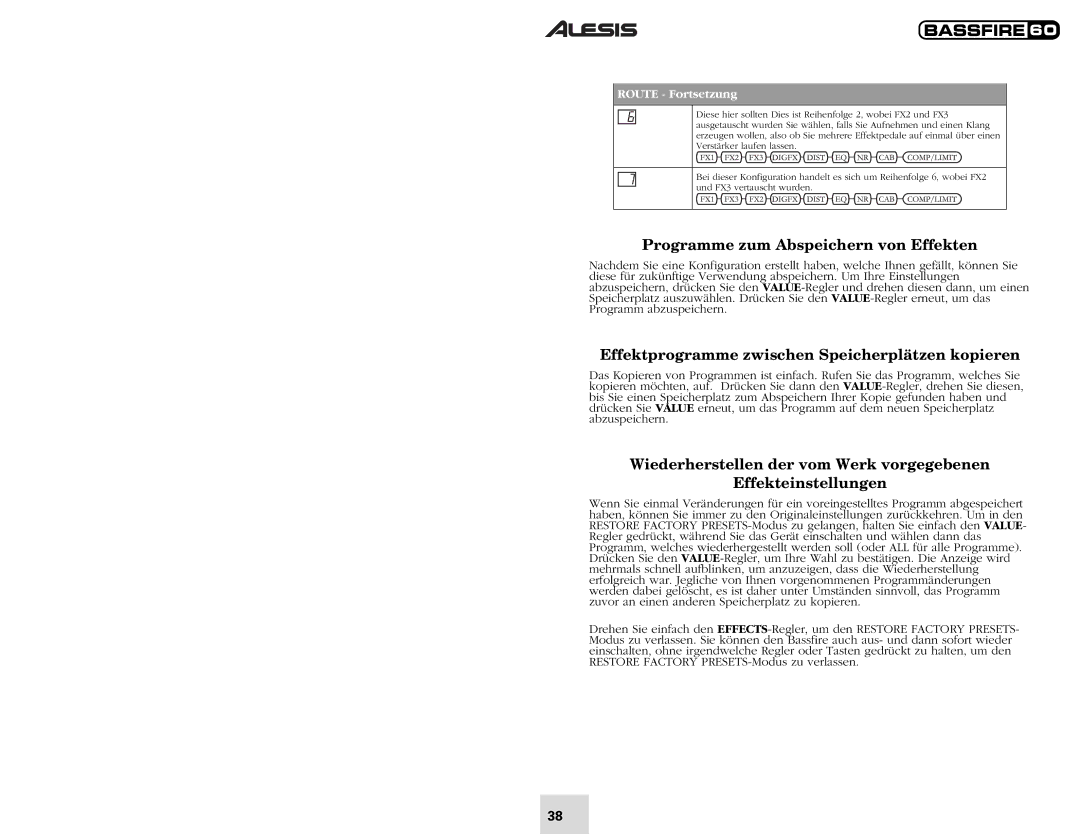 Alesis 60 Programme zum Abspeichern von Effekten, Effektprogramme zwischen Speicherplätzen kopieren, Route Fortsetzung 