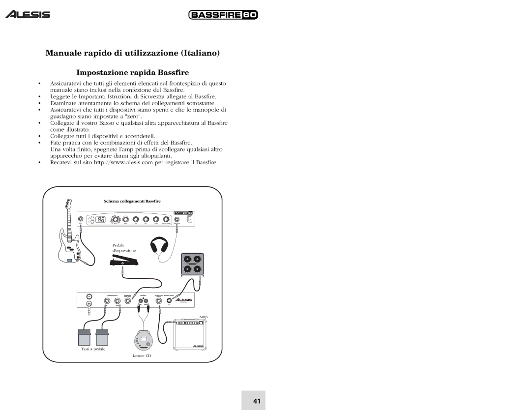 Alesis 60 quick start Manuale rapido di utilizzazione Italiano, Impostazione rapida Bassfire 