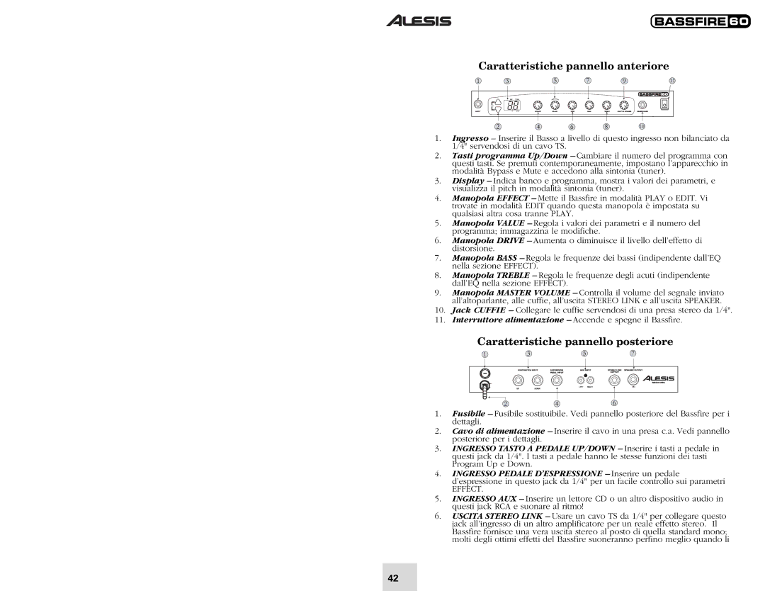 Alesis 60 quick start Caratteristiche pannello anteriore, Caratteristiche pannello posteriore 