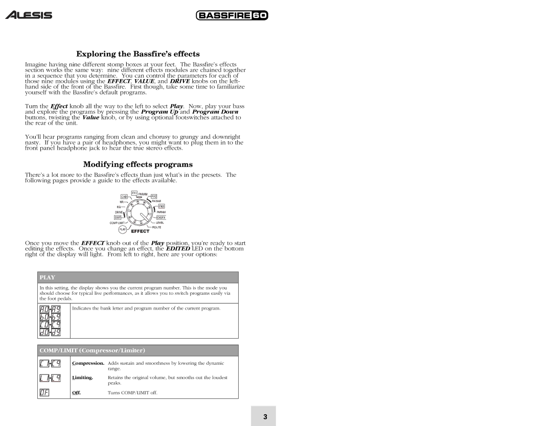 Alesis 60 quick start Exploring the Bassfire’s effects, Modifying effects programs, COMP/LIMIT Compressor/Limiter 
