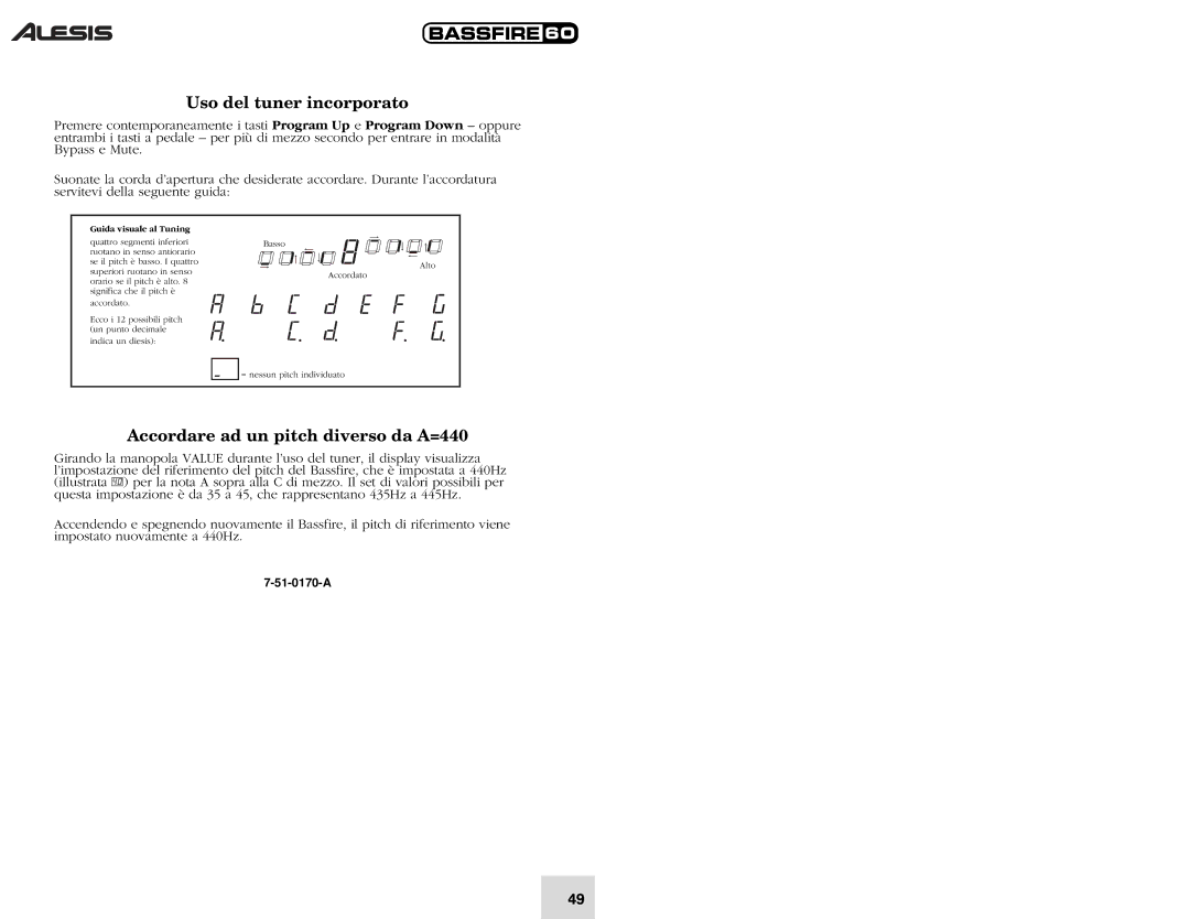 Alesis 60 quick start Uso del tuner incorporato, Accordare ad un pitch diverso da A=440 