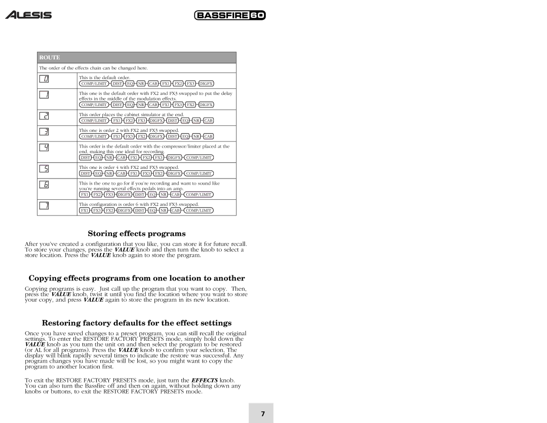 Alesis 60 quick start Storing effects programs, Copying effects programs from one location to another 