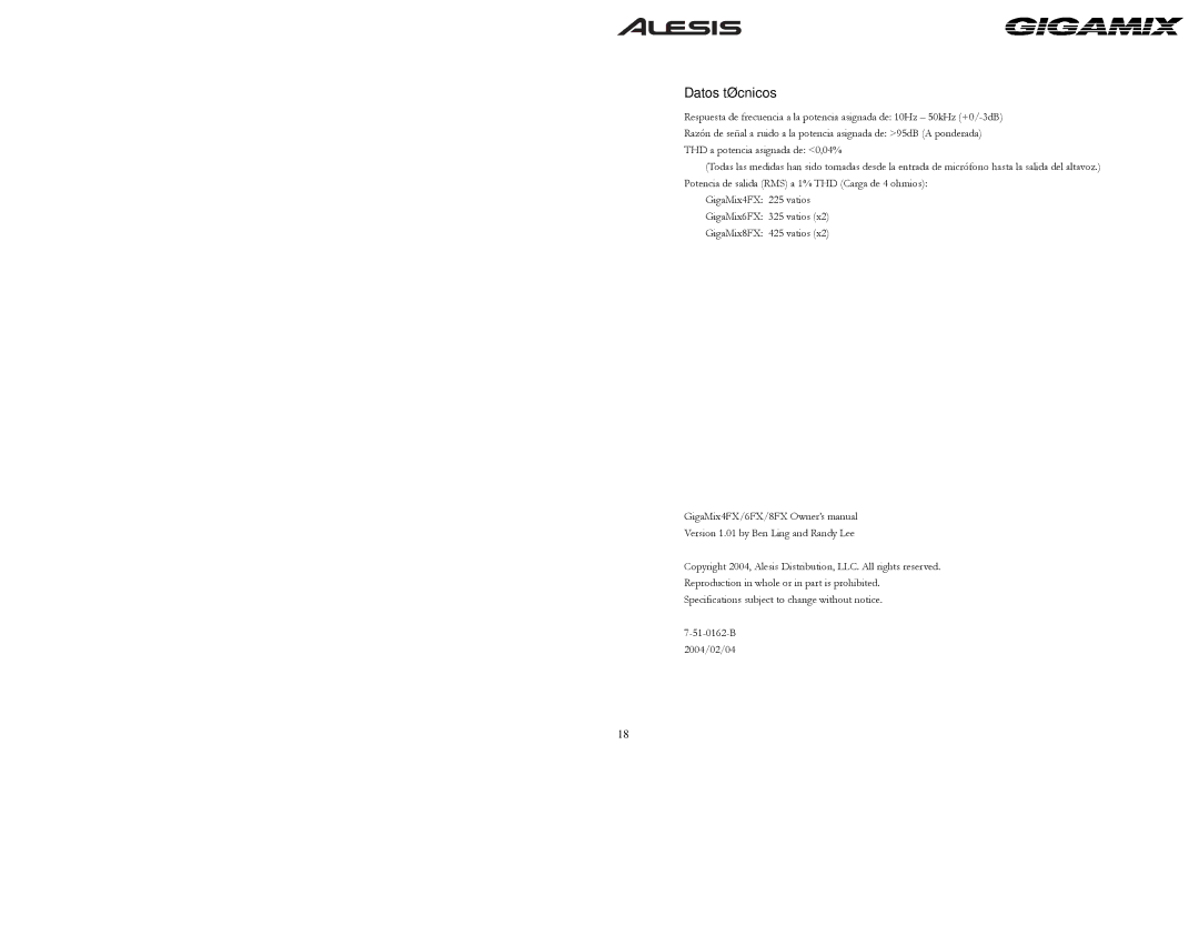 Alesis 6FX, 8FX owner manual Datos técnicos 