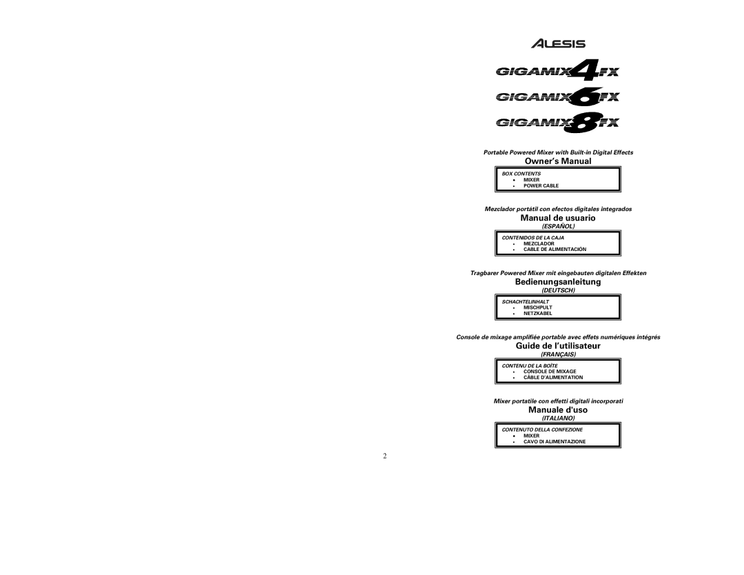 Alesis 6FX, 8FX owner manual Manual de usuario, Bedienungsanleitung, Guide de l’utilisateur, Manuale duso 