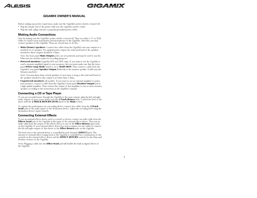 Alesis 8FX, 6FX owner manual Making Audio Connections, Connecting a CD or Tape Player, Connecting External Effects 