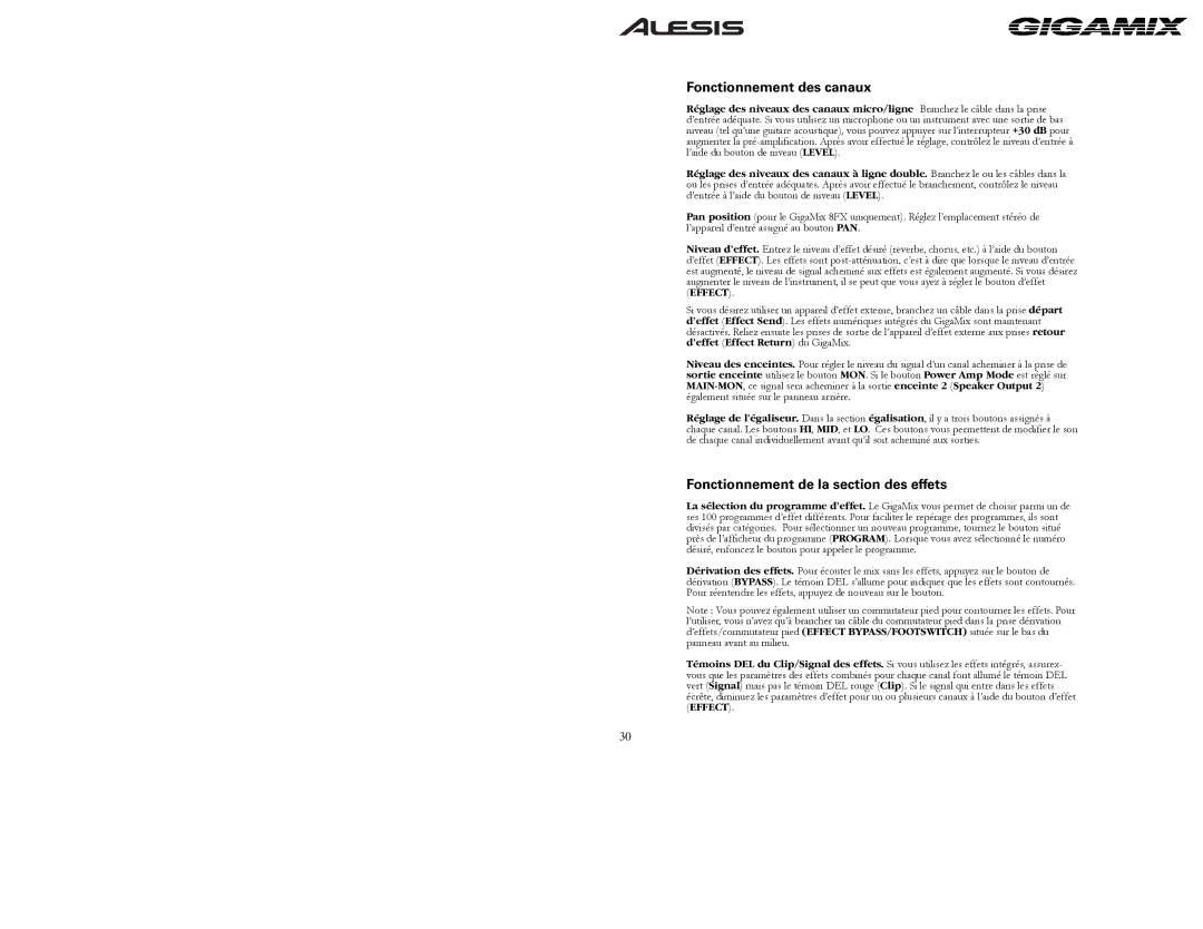 Alesis 6FX, 8FX owner manual Fonctionnement des canaux, Fonctionnement de la section des effets 