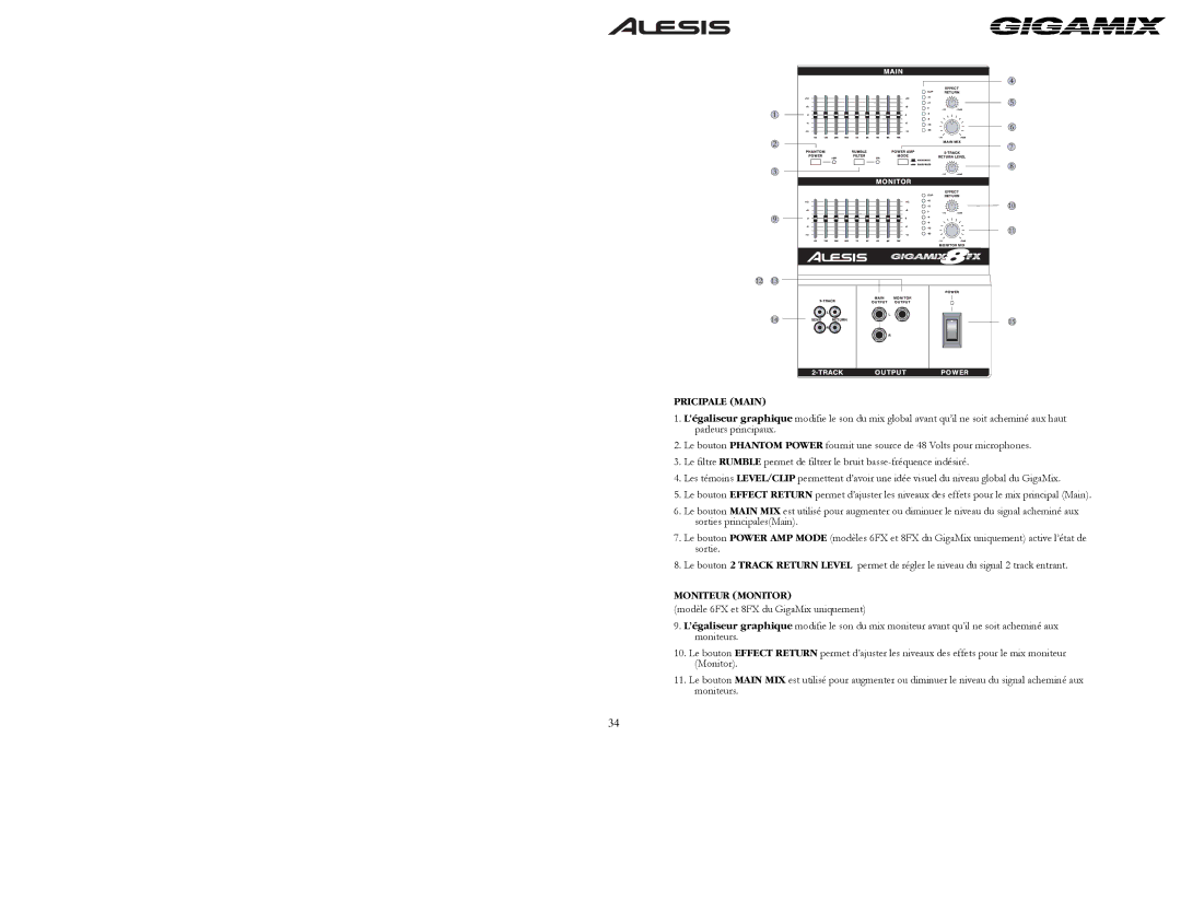 Alesis 6FX, 8FX owner manual Pricipale Main, Moniteur Monitor 