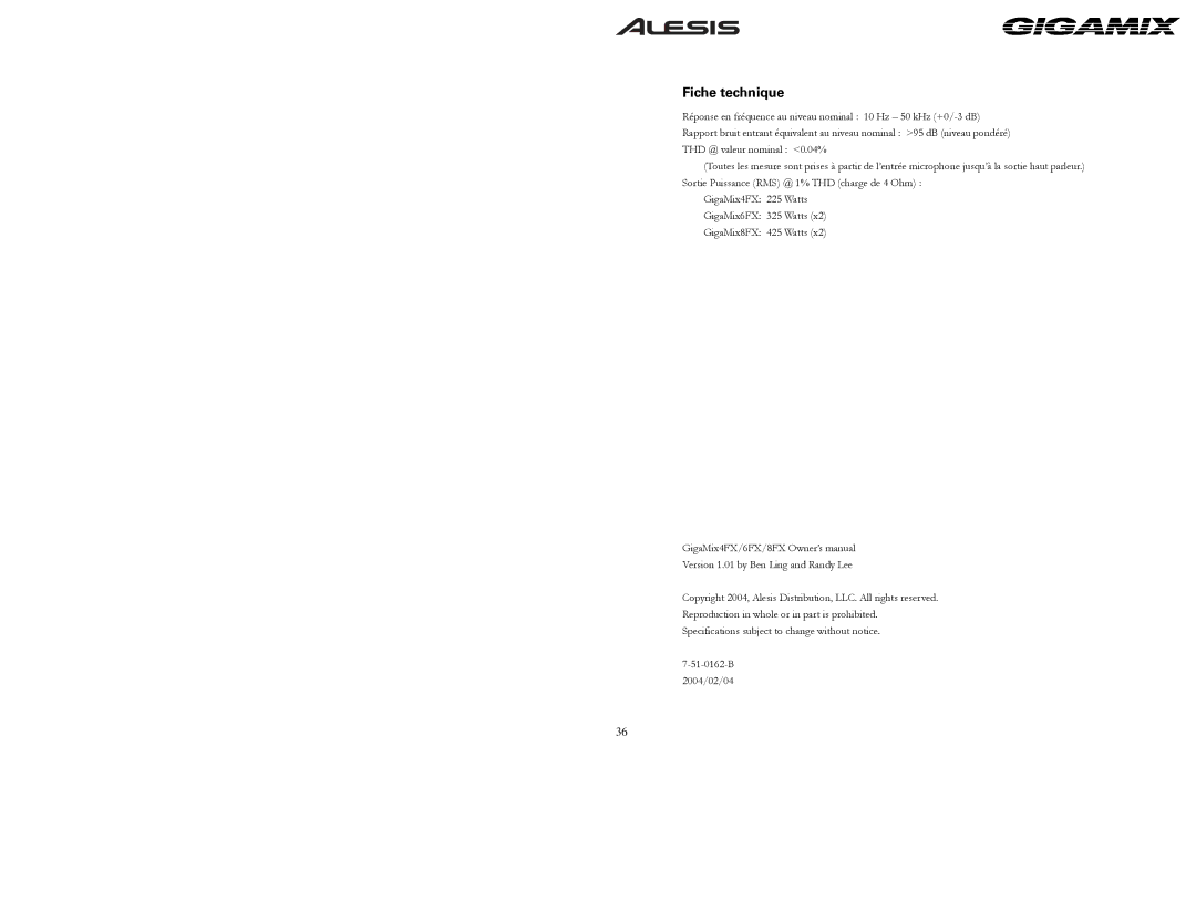 Alesis 6FX, 8FX owner manual Fiche technique 