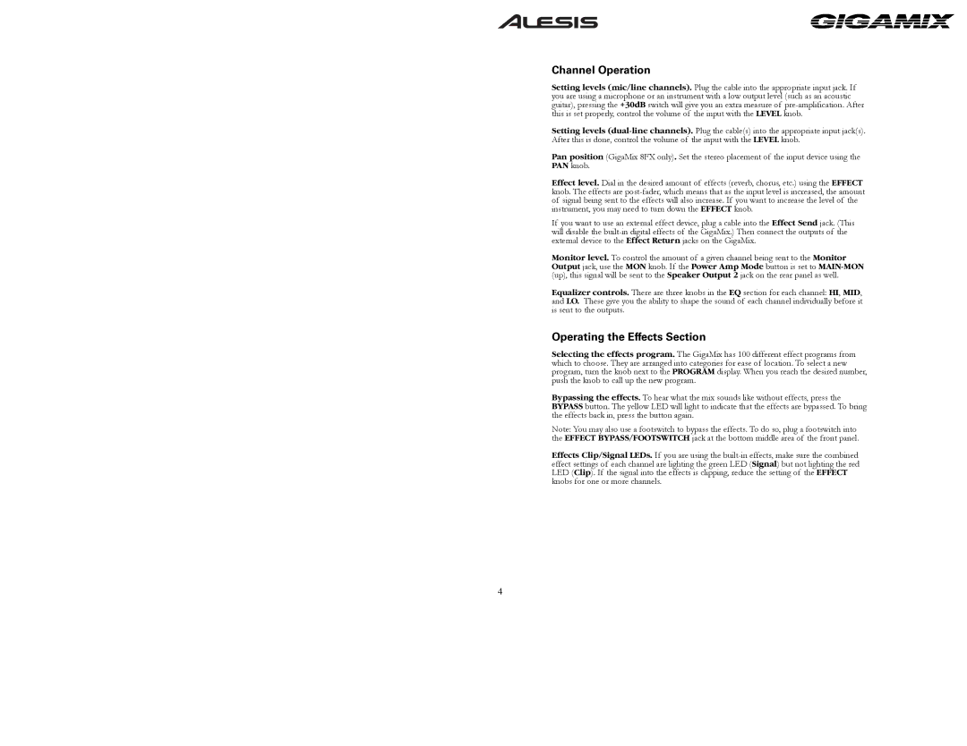 Alesis 6FX, 8FX owner manual Channel Operation, Operating the Effects Section 