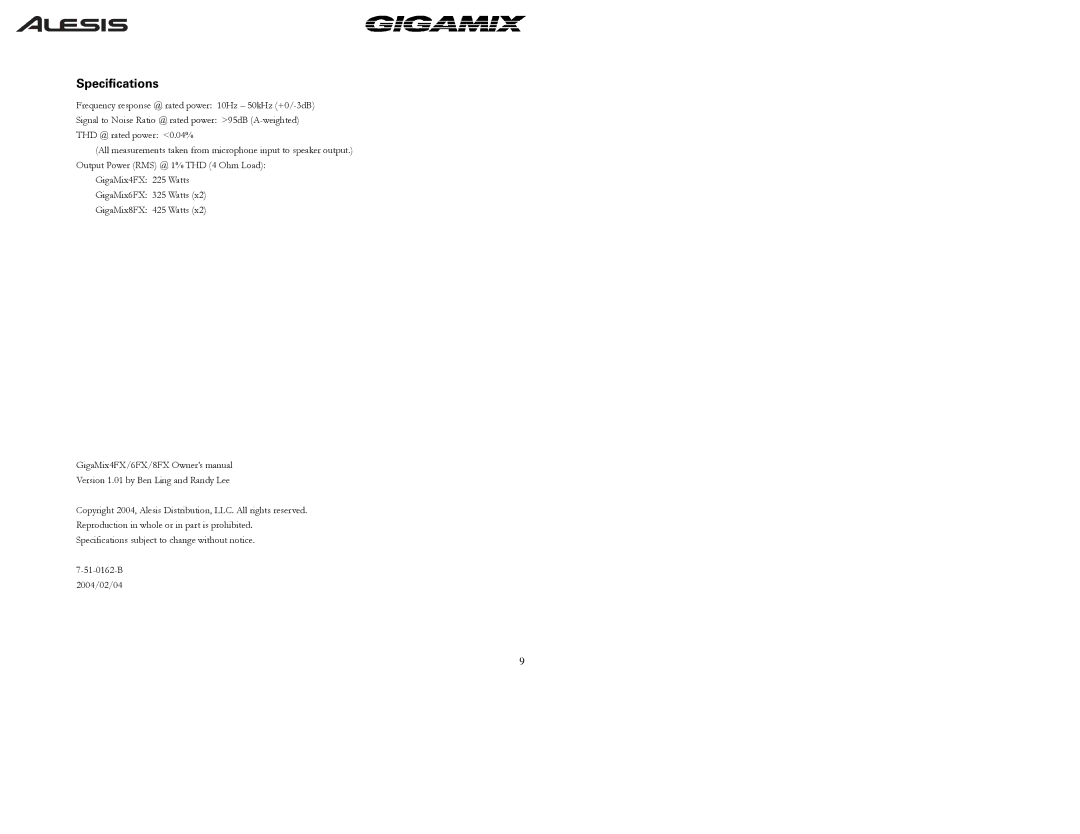 Alesis 8FX, 6FX owner manual Specifications 