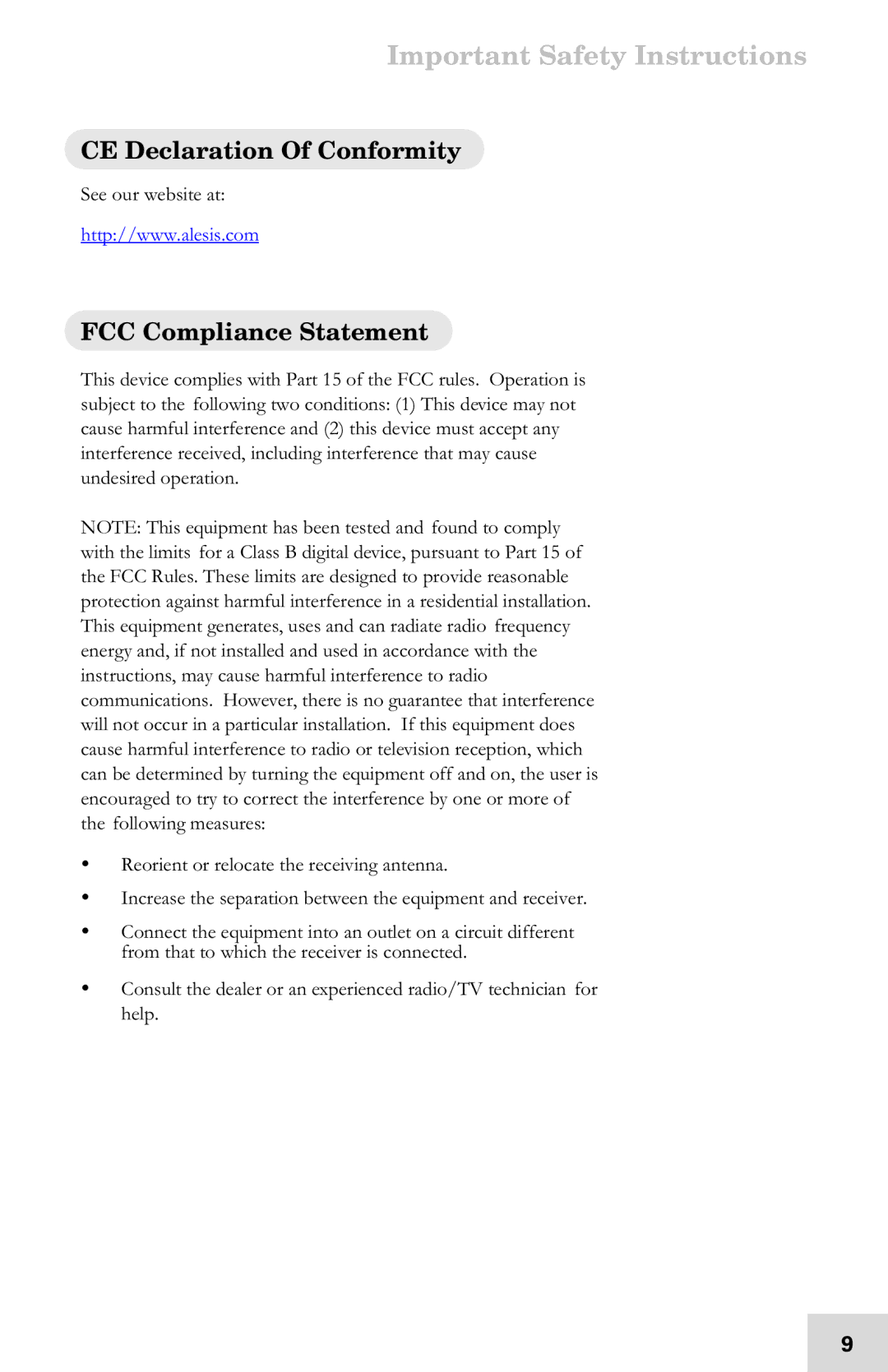 Alesis 7-51-0121-A manual CE Declaration Of Conformity, FCC Compliance Statement 