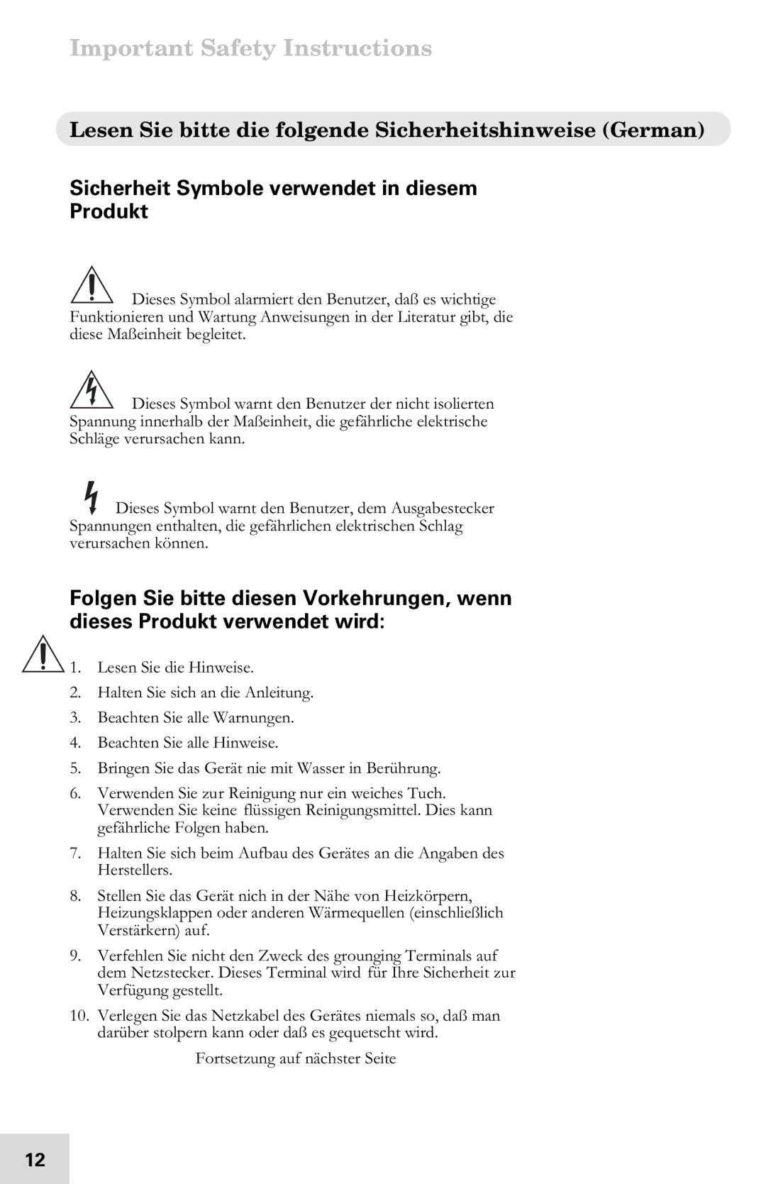 Alesis 7-51-0121-A Lesen Sie bitte die folgende Sicherheitshinweise German, Sicherheit Symbole verwendet in diesem Produkt 