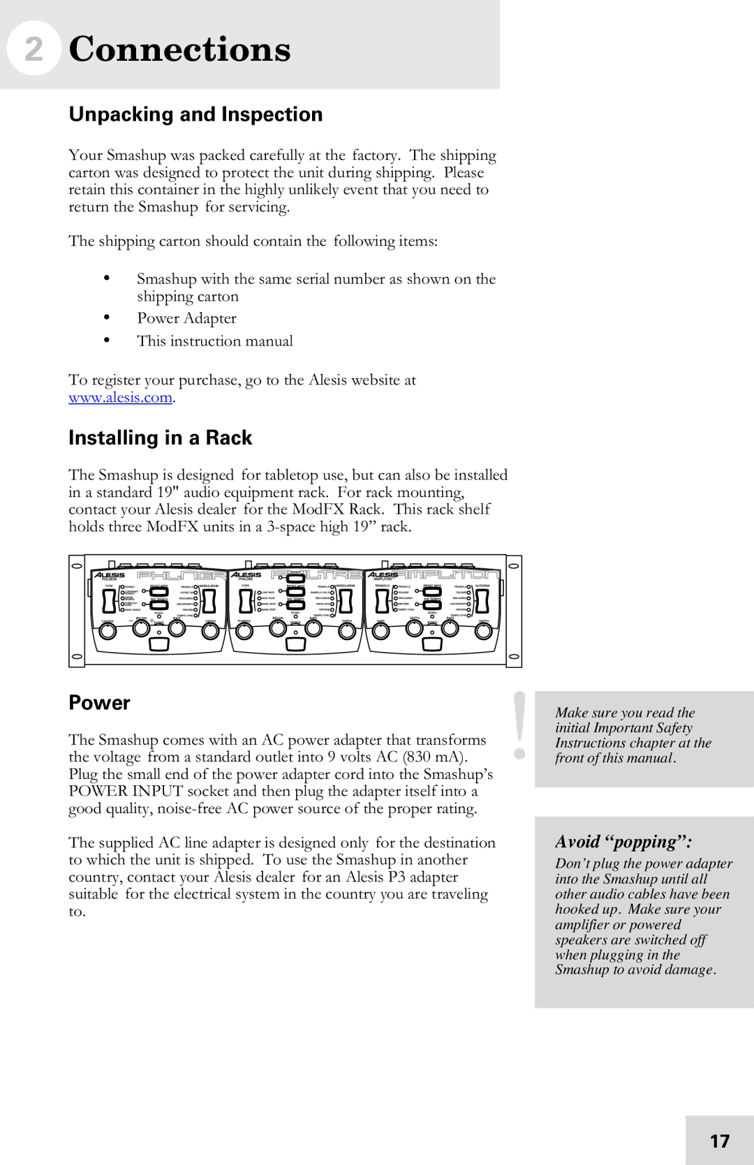 Alesis 7-51-0121-A manual Connections, Unpacking and Inspection, Installing in a Rack, Power, Avoid popping 